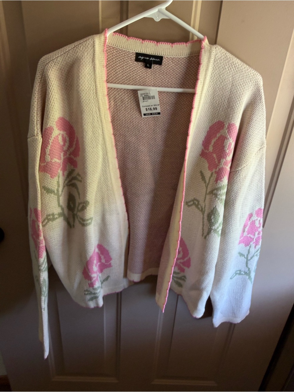 Agnes B. Cream Cardigan with Pink Rose Pattern